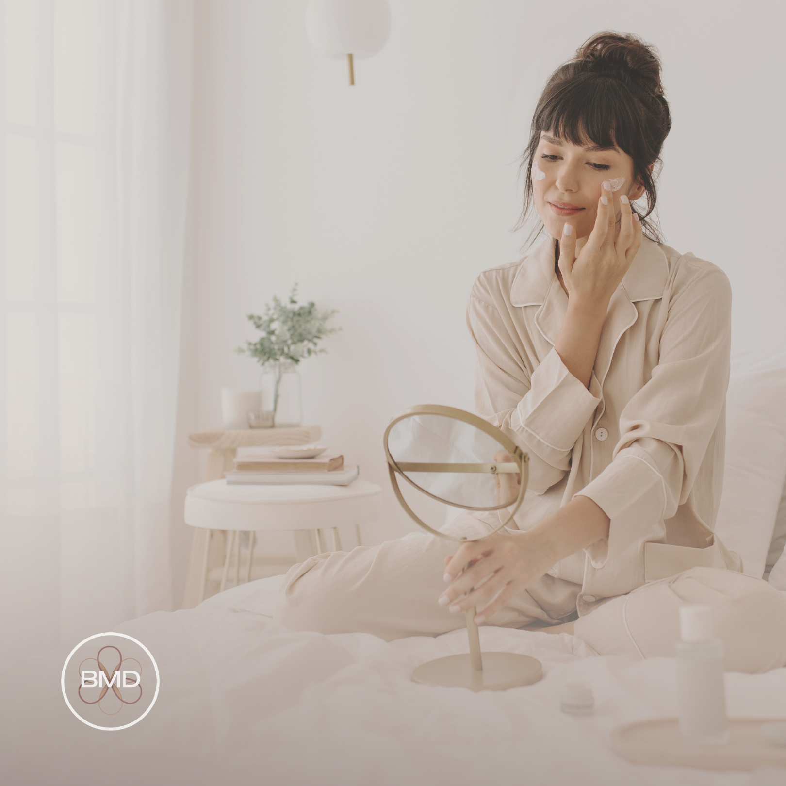 Woman embracing guilt-free self-care with a calming skincare routine, gently applying moisturizer while looking in the mirror