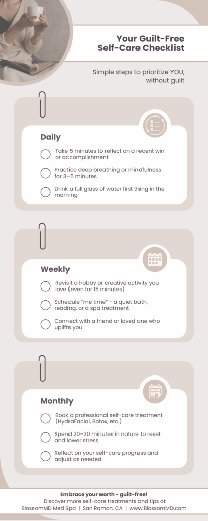 Self Care Checklist. BlossomMD Med Spa, San Ramon, East Bay, Cali