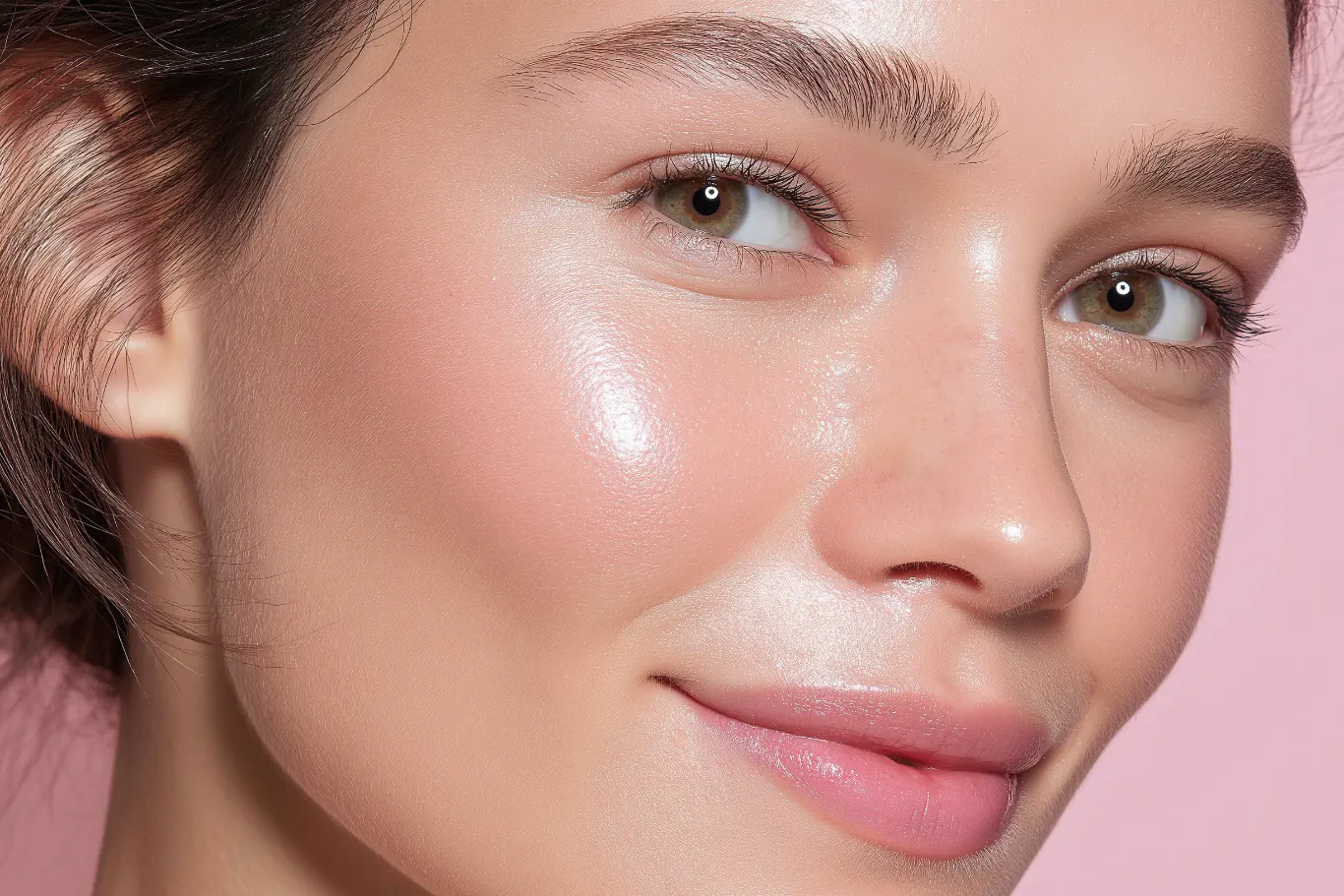 woman with radiant smooth skin and natural makeup on a pink background