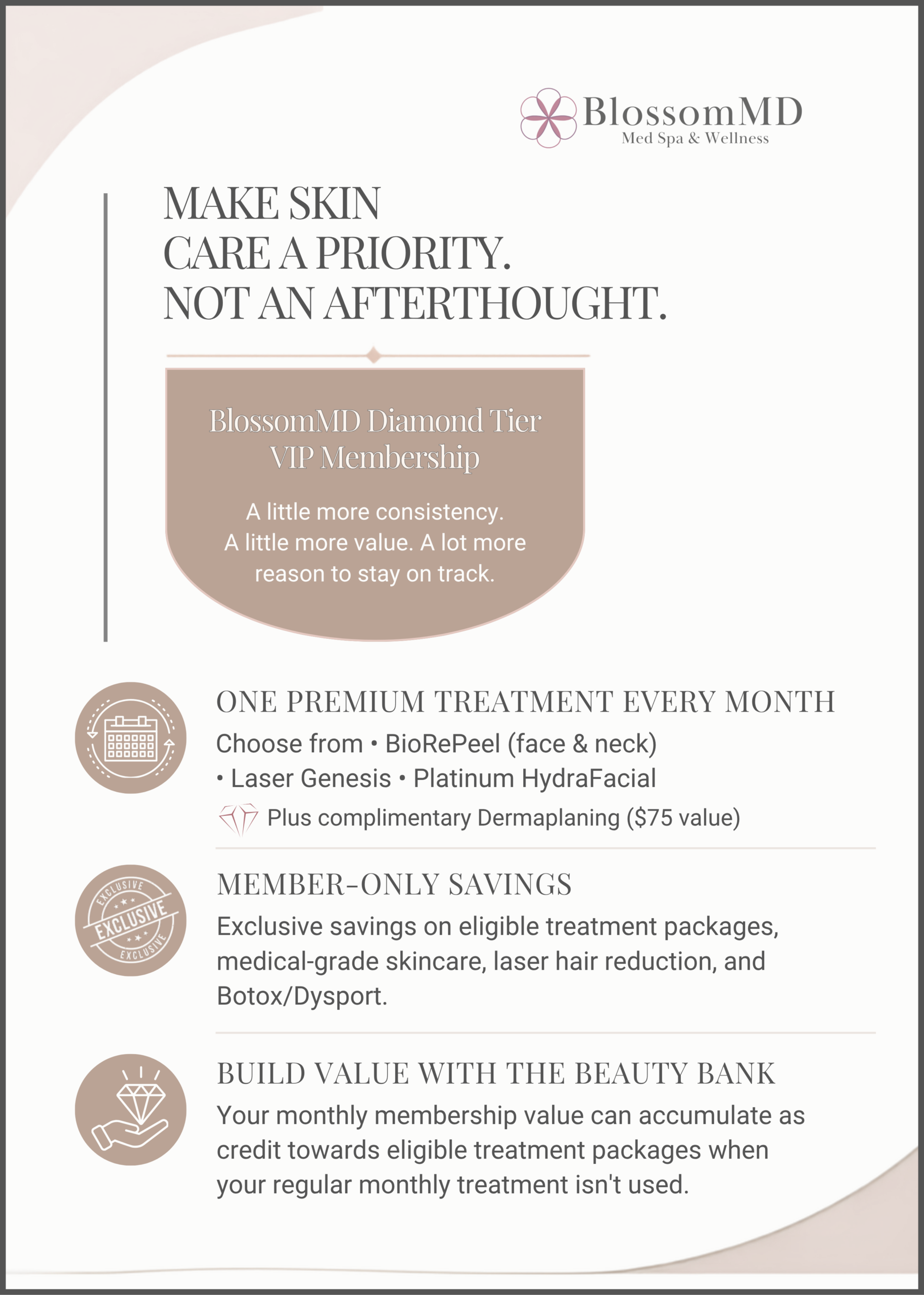 BlossomMD Diamond Tier VIP Membership featuring monthly premium treatments, member savings, and Blossom Beauty Bank credits.