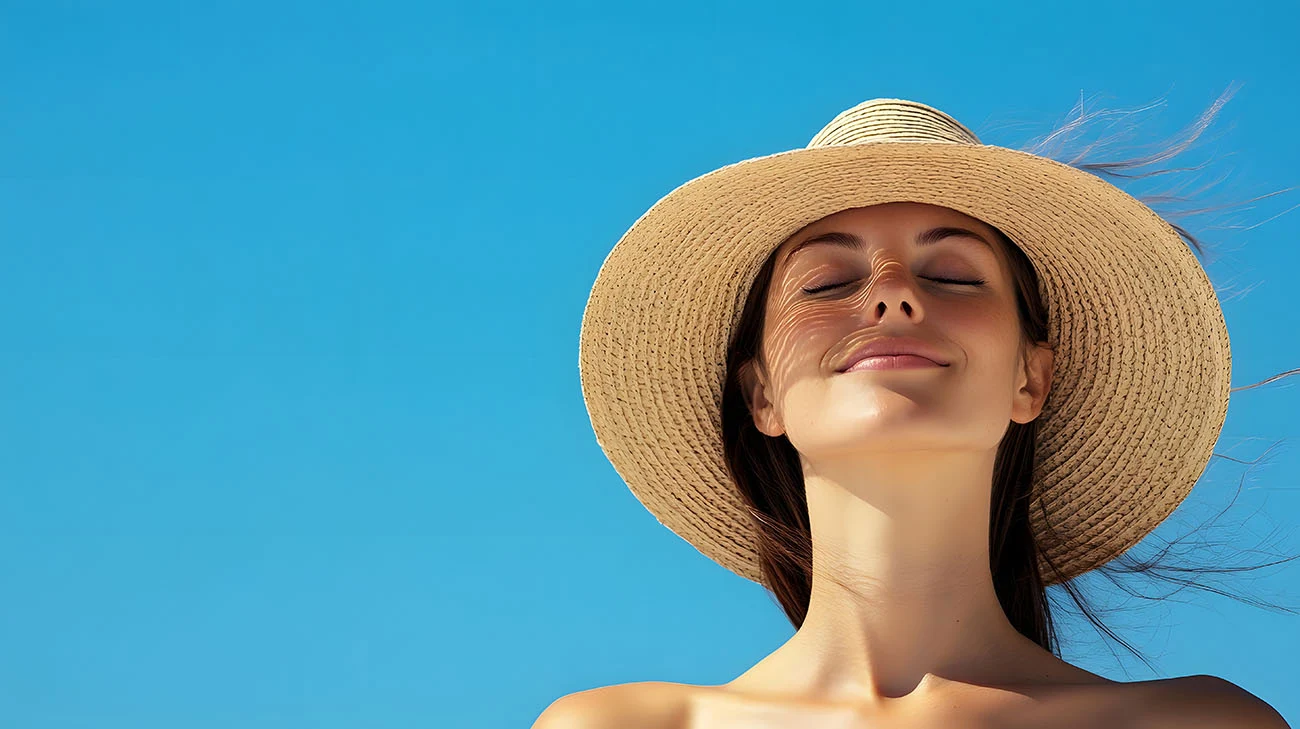 Woman wearing a straw hat with eyes closed enjoying the sun under a clear blue sky.